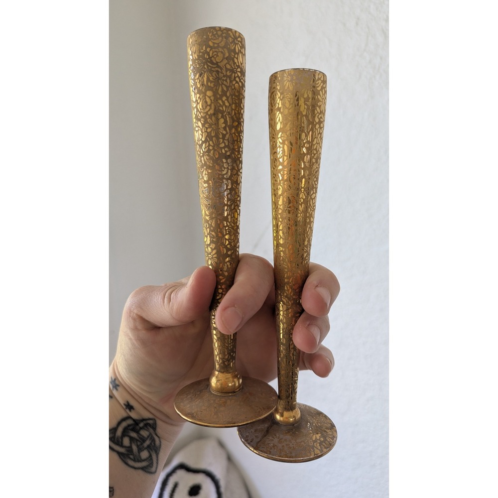 Ransgil Crystal Vintage 22k Gold Encrusted Floral Bud Vases Set 2 MCM 8.5 inch